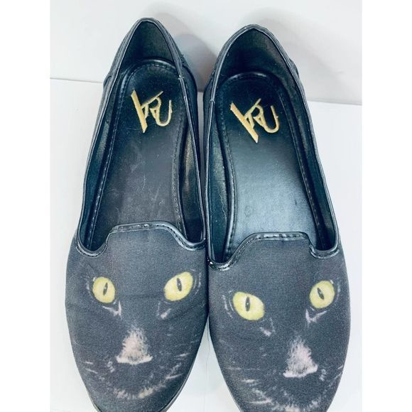 YRU Shoes - YRU Womens‎ Cat Face Black Slippers On Loafers 6